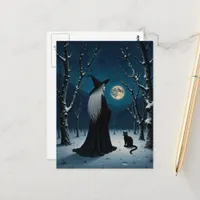 Witch and Black Cat in the Winter Forest Postcard