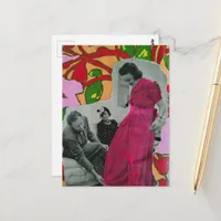 Year 1939 Hot Pink Pajama Lady Mixed Media Collage Postcard