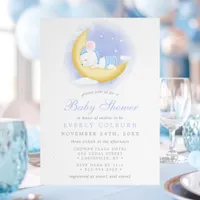 Sleepy Mouse On Moon Watercolor Boy Baby Shower Invitation