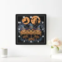 Enchanted Halloween scarecrows under a full moon Square Wall Clock