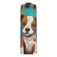 Cute Puppy with Whimsical Folk Art Flowers Thermal Tumbler