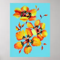 Bright Watercolor Orange Flowers - Aqua Poster