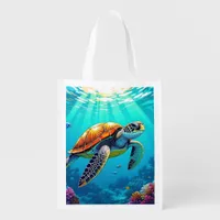 Sea Turtle Vibrant Ocean Illustration Grocery Bag