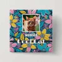 Hippie Retro Floral Groovy Cool Cat Custom Photo Button