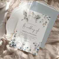 Modern Blue Heron Pastel Foliage Wedding Invitation