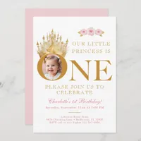 Pink and Gold Little Princess 1st Birthday Photo  Invitation