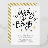 Elegant Black and Gold Striped Merry and Bright Foil Invitation