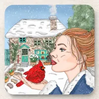 Hand Drawn English Cottage and Cardinal  Beverage Coaster