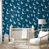 Cute Llama Rainbows in Blue Baby Boy Nursery Wallpaper