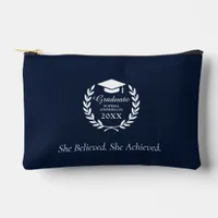 Elegant Navy Blue Laurel Wreath Graduation Year Accessory Pouch