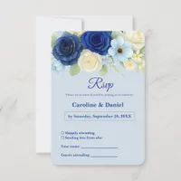 Navy Royal Bue Wedding Watercolor Ivory Flowers RSVP Card