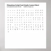 Primadona Script Font Glyphs Contact Sheet Poster