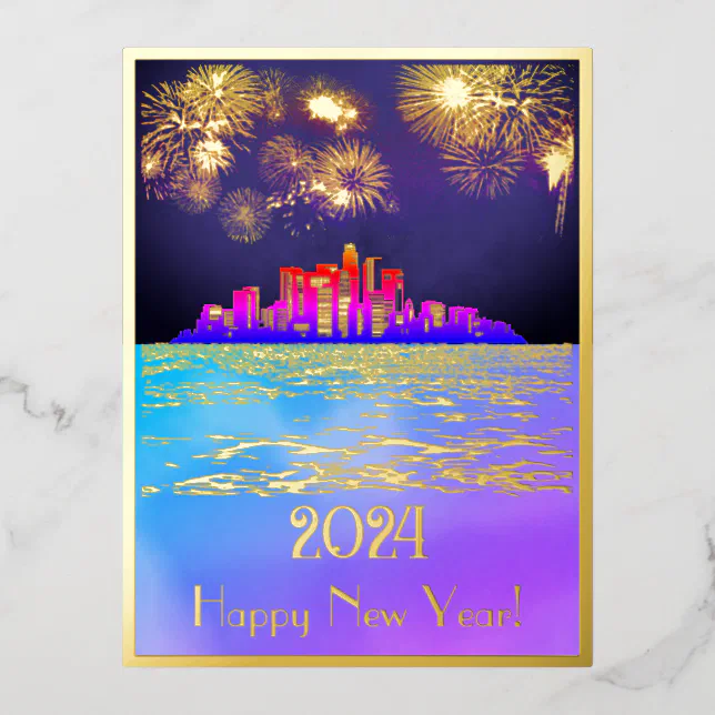 New year’s golden fireworks over the city foil holiday postcard