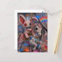 A spooky stuffed bunny in a Carousel Horse Postcard