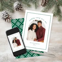 Simple Cozy Green White Snowflake Holiday Photo