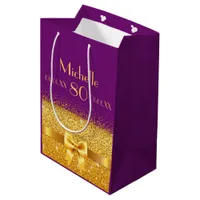 Birthday purple gold bow name medium gift bag