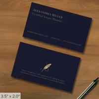 Minimal Navy Blue and Gold Quill Business Card