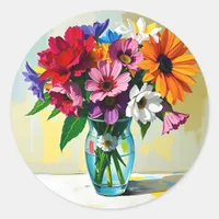 Impasto Style Vase of Colorful Flowers Classic Round Sticker