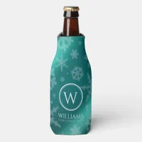 Festive Light Blue Foil Snowflakes Monogram Name Bottle Cooler