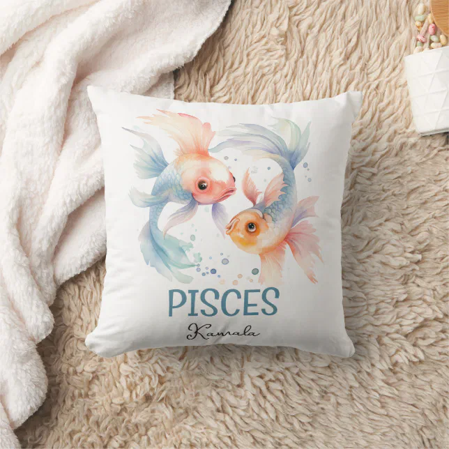 Cute Watercolor Illustration Pisces Zodiac Name Throw Pillow