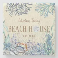 Coastal Beach House Family Name Stone Coaster