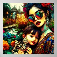 Colorful Art Mom and Daughter Asian Flower Garden Poster