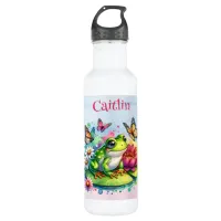 Personalized Frog, Flowers and Butterflies Stainless Steel Water Bottle