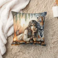 Native American Woman Relaxing With Tiger Throw Pillow