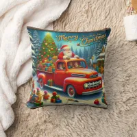 Santa delivers gifts in a snowy winter wonderland throw pillow