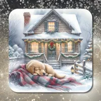 Puppy Asleep on Festive Front Porch Christmas Square Sticker