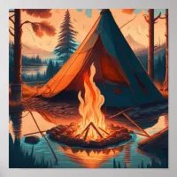 Tent and Campfire Vintage Colors Art Poster