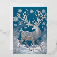 Deer in winter landscape, foil details and text foil holiday card