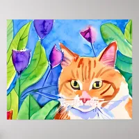Cute Watercolor Orange Cat and Pretty Flowers Poster