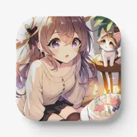 Pretty Anime Girl with Kitten and Birthday Cake Paper Plates