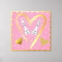 Gold Hearts King and Queen Chess Pieces on Pink | Canvas Print