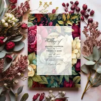 Olive Green, Burgundy and Gold Floral Wedding Invitation