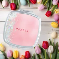 Pink Holo Blush Glitter Metal Monogram Name Compact Mirror