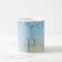 Glam Blue Glitter Drips Elegant Monogram  Coffee Mug