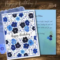 Blue Floral Pattern Happy Birthday Card