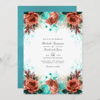 Turquoise and Coral Rustic Floral Wedding Photo In Invitation