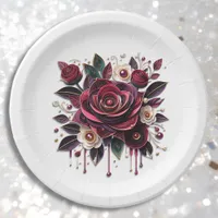 Pretty Burgundy Roses Floral Paper Plates