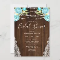 Aqua Mint Rustic String Light Floral Bridal Shower Invitation