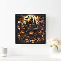 Spooky Halloween scarecrows with glowing pumpkins Square Wall Clock