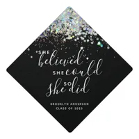 Black Glitter She Believed She Could Name  Graduation Cap Topper