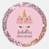 Pink Unicorn Floral Glitter Birthday Party Classic Round Sticker