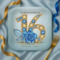 Glitzy Luxury Blue Rose Gold Gemstone Sweet 16 Paper Plates