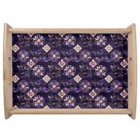 Dark Purple Floral and Faux Gold Serving Tray