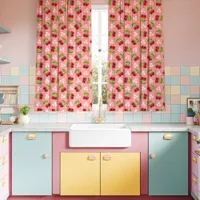 Kitsch Floral Cherries Pink Kitchen Curtains