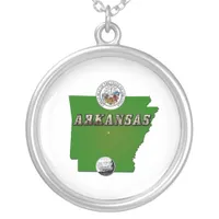 Arkansas Map, Seal and State Faux Quarter Round Silver Plated Necklace