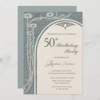 Elegant Art Nouveau Teal & Silver Floral Birthday Invitation